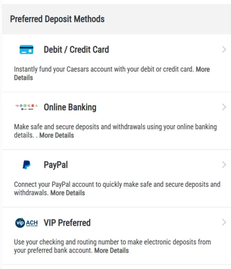 Caesars Sportsbook Banking Options
