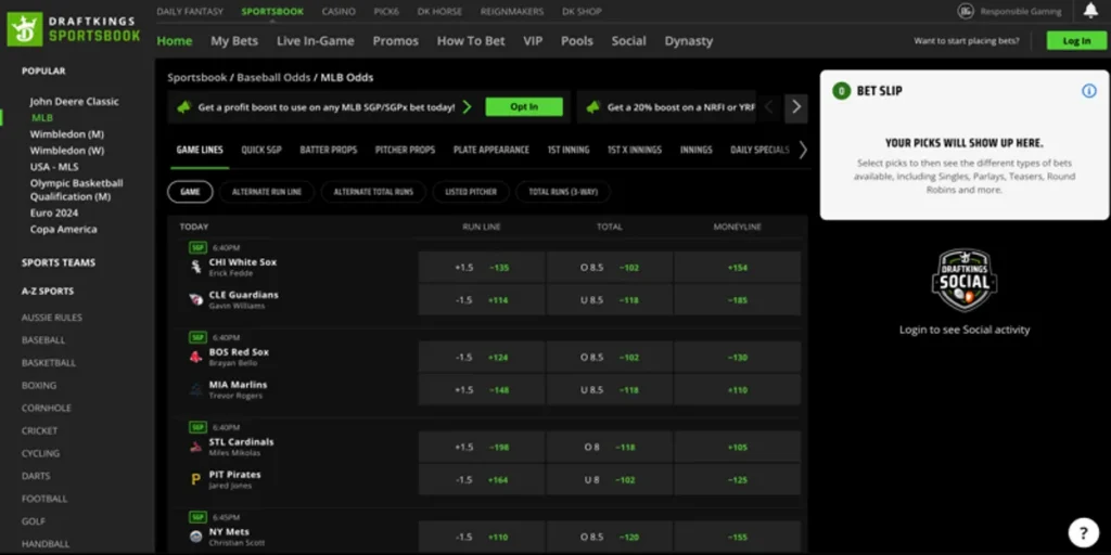 DraftKings Betting Options and Odds