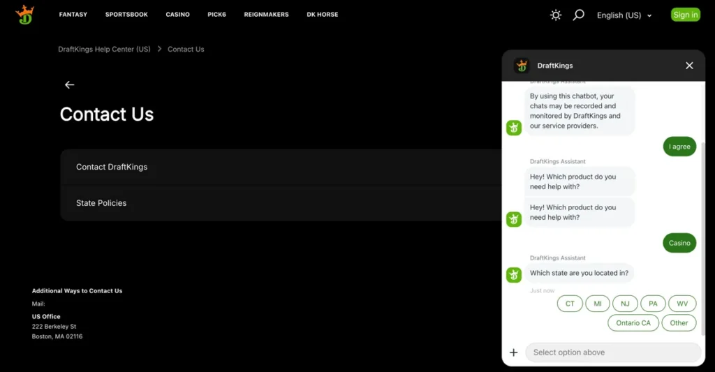 DraftKings Casino Customer Support review